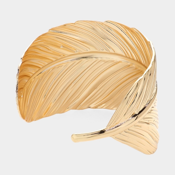 Gold Leaf Textured Metal Cuff Bracelet Fashion Statement Jewelry Bangle - Picture 2 of 2